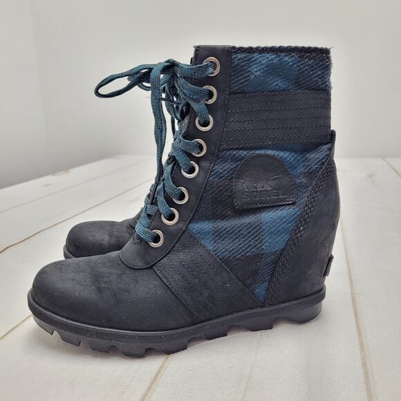 Sorel Lexie wedge boots black blue plaid waterproof - Picture 1 of 8
